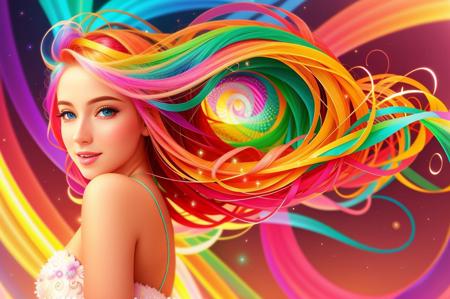 woman with beautiful hair in the style of (rainbow-candy:0.65), wavy effect,