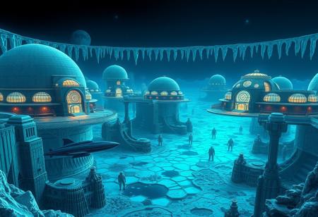 a sprawling underwater city on the frozen surface of the moon Europa, where ((massive, domed structures)) create a surreal atmosphere in the depths of the ocean. These structures are bathed in ((bioluminescence)), with sleek ((submarines)) gracefully gliding underneath the surface, revealing ((alien landscapes)) with a mix of ((ice and liquid pools)) that make up the intricate ((sea floor)). The ((ice at the edges of the ocean)) filters the light from the sun, creating a dark blue atmosphere that complements the bright, futuristic environments. The ((intricate details)) of the structures and ((alien creatures)) add a sense of wonder and advanced technology to this underwater metropolis. (Masterpiece:2)