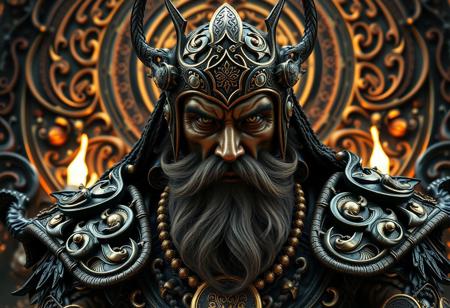 Generate a highly detailed, 16k octane render of a Celtic Guardian on an Altar of the Bound Deity background, incorporating elements of lucha libre and 70s design. The full-body portrait should feature a small beard, brown resin details, and high contrast metal accents. The image should adhere to the golden ratio and have a centered composition. Incorporate references to Art Nouveau and the styles of Steve Argyle, Giorgio de Chirico, and Lau. The atmosphere should be grim yet sparkling with cinematic lighting. Ensure the image is ultra-realistic with intricate details, vibrant colors, and a high level of texture. The final output should be 8k resolution with a Kodak film stock aesthetic. Apply post-processing techniques to achieve a masterpiece-level image trending on Artstation.