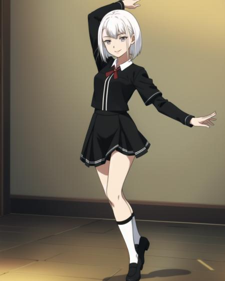 masterpiece, high quality, mgrcnagitan, 1girl, solo, white hair, (dancing, dynamic pose), light smile, grey eyes, black uniform, black shirt with white edgings, long sleeves, black skirt, red bowtie, black socks, indoors, <lora:mgrcnagitan-000006:0.8>