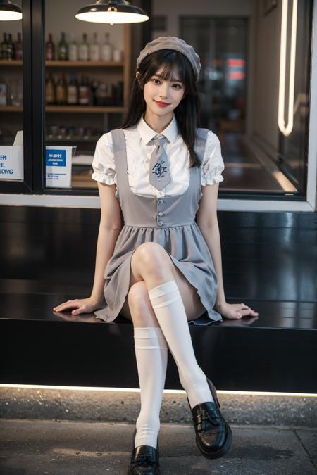 best quality, quality, masterpiece, photorealistic, 1girl, solo, sitting, long black hair, straight hair, blunt bangs, looking at viewer, smile, cyb dress, cyb shirt, cyb skirt, necktie, suspender skirt, suspenders, hat, kneehighs, shoes, cafe, window, night, neon light, crowd, colorful, <lora:dating_attire_style4_v1:0.65>