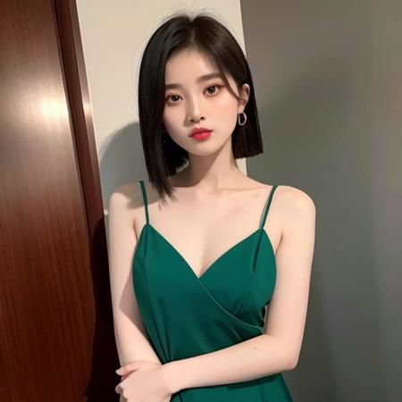 Jingyi with short hair, high res, 1girl, chinese,<lora:Jingyi:0.8>, look at viewer,(pale skin),(long hair:1.2),(small breasts),gold hair,green eyes,  <lora:koreanDollLikeness_v10:0.2>