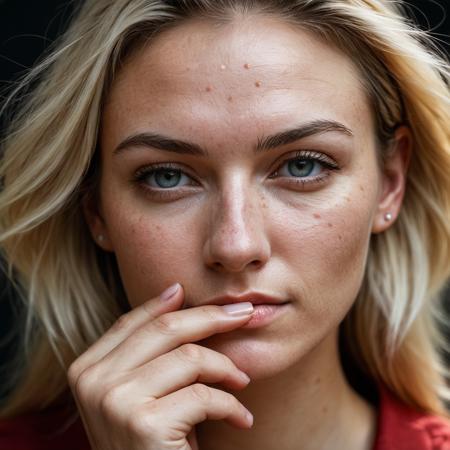 RAW photo, portrait of a beautiful blonde woman wearing a red shirt (high detailed skin:1.2), 8k uhd, dslr, soft lighting, high quality, film grain, Fujifilm XT3
dappled light on face, pale skin, skin pores, oiled shiny skin, skin blemish, imperfect skin, intricate skin details, visible skin detail, detailed skin texture, blush, wrinkles, vitiligo spots, moles, whiteheads, blackhead, white pimples, beauty spot, skin fuzz, [[[[[freckles]]]]] (perfect eyes), ((perfect hands with four fingers and one thumb each))