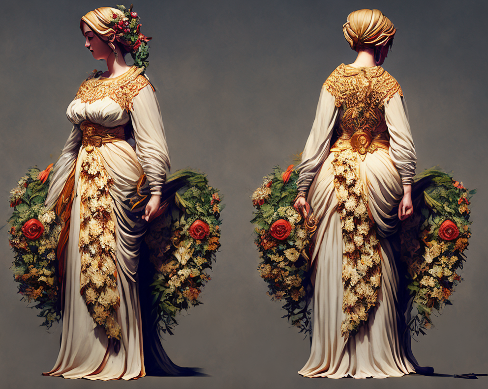 21CharTurnerV2 (character turnaround:1) of a woman in a greek outfit. Goddess, laurel leaves, rimlight, subsurface scattering