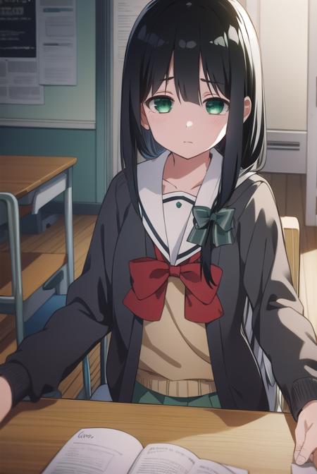 mimoritougou, <lyco:mimoritougou-lyco-nochekaiser:1>,
mimori tougou, long hair, (black hair:1.5), (green eyes:1.5),
BREAK skirt, long sleeves, school uniform, bow, bowtie, serafuku, red bow, cardigan,
BREAK looking at viewer,
BREAK indoors, classroom,
BREAK <lora:GoodHands-vanilla:1>, (masterpiece:1.2), best quality, high resolution, unity 8k wallpaper, (illustration:0.8), (beautiful detailed eyes:1.6), extremely detailed face, perfect lighting, extremely detailed CG, (perfect hands, perfect anatomy),