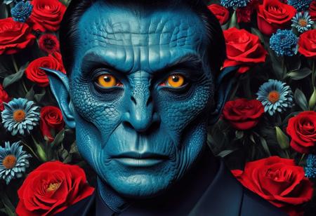 realistic monster face on the poster, The monster's face is surrounded by a collage of vibrant and bold colors, including shades of red, blue, and black. The visual elements represent various aspects of beauty, such as flowers, paintings, and fashion items. The overall design exudes elegance and sophistication, with a touch of rebellion and mystery. the monster is a man, he has a sneering look on his face, reptilian