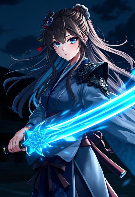 Shinobi girl wearing a kimono with shoulder armor, she's holding a katana glowing with blue energy, her long hair is flowing in the wind, she stands outside in nighttime training for her next battle. (maximum ultra high definition image quality and rendering:3), maximum image detail, maximum realistic render, (((ultra realist style))), realist side lighting, , 8K high definition, realist soft lighting, <lora:FluxMythG0thicL1nes:0.6> <lora:FluxMythR3alisticF:0.5> <lora:RetroAnimeFluxV1:0.6> <lora:OB半写实肖像画V2.0:0.6>