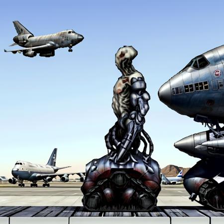 cyborg, facing sideways, shiny metal humanoid riding on tank treads, (at an airport with a 747 plane in the background:1.3), epic background, 35mm photograph, film, professional, 4k, highly detailed, photorealistic film <lora:MarathonMonsters:0.8>