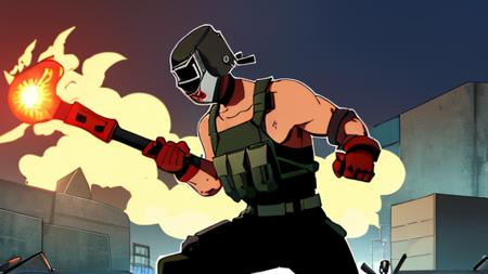 1man, anime, cartoon, minimalism, flat, Artstation, (welding mask:1.3), (holding twohanded hammer:1.3), UFC red gloves, (assault vest:1.1), best quality, masterpiece,russia, brutal, brutalism, muscles, powerfull, active pose, russian, gopnik, prisonery, factory background, noir, epic, dramatic light,  toon, flat, vector, illustration,  lineart, outline, escape frome tarkov, <lora:Tagilla_V01:0.75>