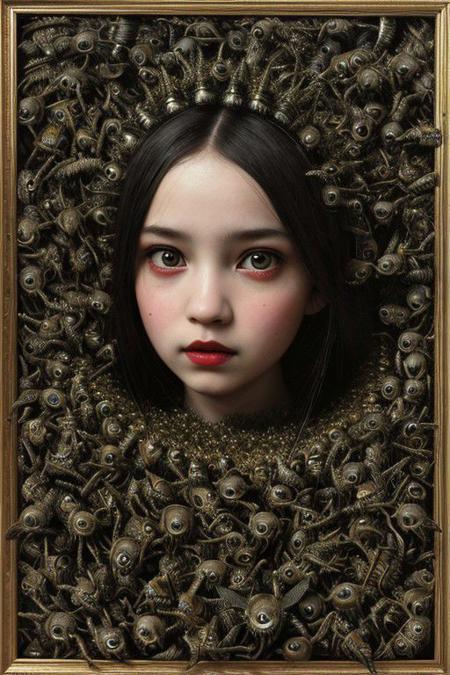An intricate mixed media artwork depicting a surreal scene of a girl surrounded by a swarm of malevolent anthropomorphic creatures, each with distorted features and sharp teeth, portraying the disturbing mix of innocence and horror. By Mark Ryden.