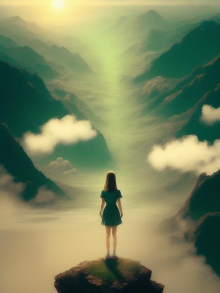 <lora:ElizabethGadd:1>a lonely girl stands on the edge of a cliff from the clouds, sunlight pours on her a lot of green mountains below support broadening her horizons knowledge of the knowledge of the world, a lot of sun breaks through the gloom about sheds light on her, insight, knowledge,