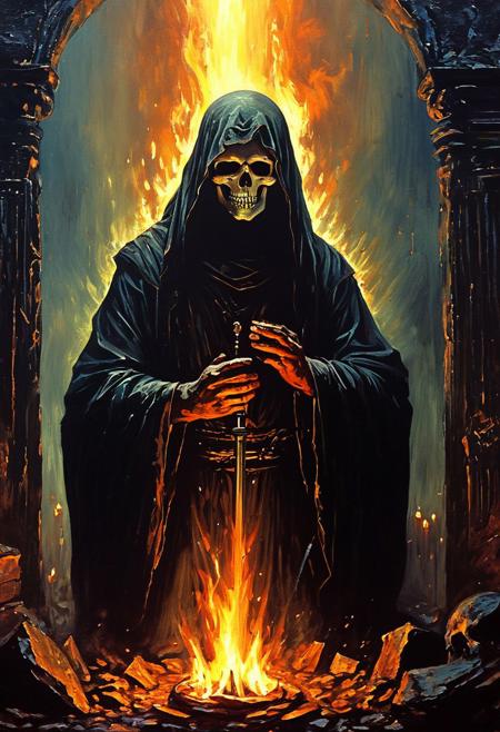 Kingseeker Frampt, with his mouth agape, reveals a path to the Kiln of the First Flame for the chosen undead. The moment is bathed in a mystical light, as ancient prophecies converge, and the fate of the world hangs in the balance, guided by Frampt's enigmatic wisdom., 
Inspired by dark fantasy, featuring sinister religious motifs in a gritty, oil painting style, evoking a sense of mystery and foreboding with deep, dark hues
, in the style of an old 80's VHS dark fantasy, VHS screen grab, grainy, old footage