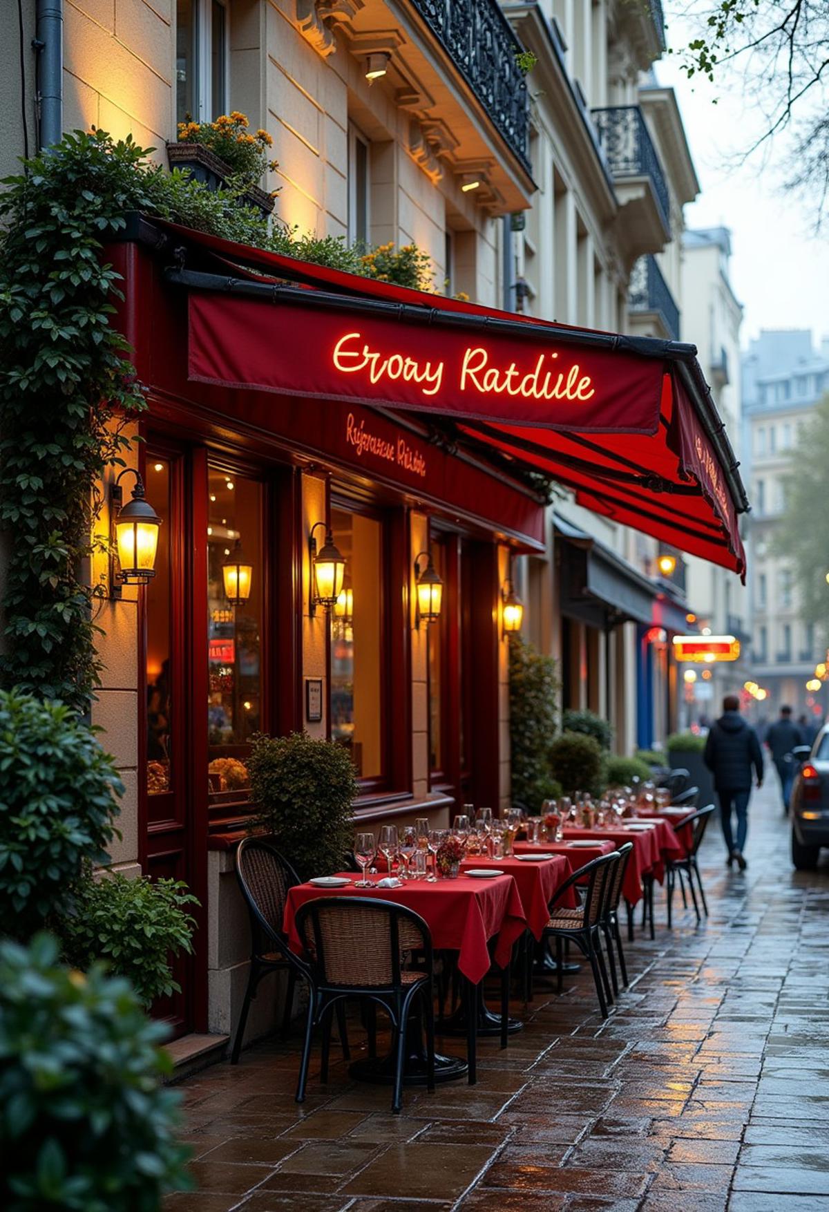 A beautifully lit and composed professional photograph of a Parisian brasserie on a bustling street corner, the restaurant is an oasis from the busy street, tucked in and cozy, wet cobblestones, high resolution, early morning rain, weathered limestone and details, fine details of plants and trees, ultra realistic modern day scene,