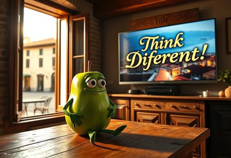 "In a cozy Italian apartment, an anthropomorphic green apple with expressive features—eyes, arms, and legs—sits on a rustic wooden table, watching a large TV on the wall. Golden sunlight filters through an open window, revealing an old piazza with cobblestone streets and terracotta rooftops. On the screen, an Apple computer commercial plays, showcasing sleek designs and vivid colors.
The green apple leans forward, captivated, its eyes wide with curiosity. A beautifully crafted cardboard sign hangs above the TV, boldly reading 'Think Different!' in elegant, Renaissance-inspired typography. The sign’s intricate details blend old-world craftsmanship with modern flair.
The room combines traditional and contemporary Italian aesthetics: exposed brick, wooden beams, and modern decor. Soft light from the TV illuminates the apple’s glossy green skin, as the scent of espresso drifts from the nearby kitchen, merging Italy’s timeless charm with high-tech innovation."