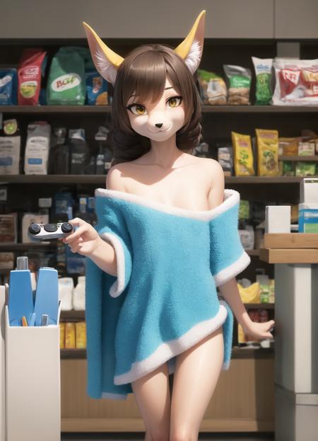 (super fluffy animal fur:1.6), female ((Anthro dragon)), (long anthro legs, ditigrade), furry girl,((turquoise colored fur)), ((furry dragon girl body)), (((full body portrait))), medium breasts, furry scalie ((chest tuft)), ( bath towel ), (playing videogames), (paws), brunette-haired braids, long muzzle, cute hairstyle, (detailed fur texture (outlined hair)), detailed female anthro dragon face, seductive smile, cute face, (expressive anime eyes), well drawn convenience store background, detailed background, realistic convenience store background, background in focus, masterpiece, extremely detailed digital art, extraordinarily well drawn, detailed, (shaded), soft realistic lighting, subject focus, ((sharp focus)), cinematic lighting, amazing smaller body, absurdres, highres, 8k, HD drawing, (scales and fur covered body), anthro (furry),