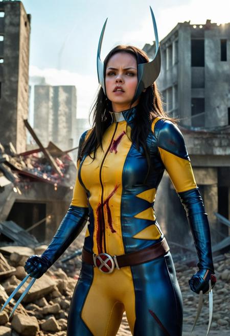 High resolution ultra-realistic of Beautiful Laura Kinney/X-23, cinematic lighting, MCU style, ultra realistic, 8K, fighting stance, X-Men style, standing among the ruins of buildings, Greg Rutkowski, Intricately Designed bloody dirty face, wavy black hair, Realistic beautiful brown eyes, gazing straight ahead, Atrractive 21 years old Dafne Keen as X-23 woman, realistic modern combat X-Men costume, dirty, bloody, beautiful firm Breasts, defiant and seductive, X-Men style, Marvel style, MCU sci-fi style, Superheroine, Standing in the middle of a dark dirty street on the City, sharp focus, digital painting, Photograph Taken on Nikon D750, Alphonse Mucha, 8K, athletic figure, Hyperdetailed, hyperrealism, aesthetics reminiscent of X-Men, Attractive, Attractive bust girl, asymmetric balance