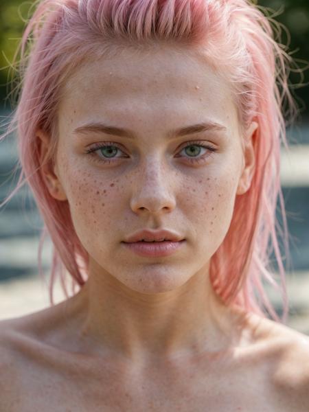 portrait of a 20 year old russian model with pink hair, beauty spots, no makeup, natural, freckles, posing, hard shadows, soft lighting, sharp focus, skin details