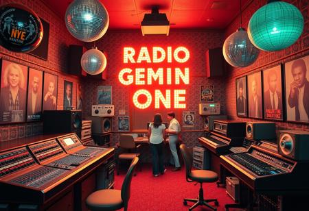 Create a detailed scene of an American radio studio from 1974 with a funky, R&B vibe. The studio features vintage equipment, including large analog mixing boards, turntables, and reel-to-reel tape machines. The room is adorned with glittering disco balls, colorful neon lights, and posters of popular R&B artists from the era. The walls have vibrant, patterned wallpaper with a retro feel, and there’s a groovy atmosphere with people wearing bell-bottoms, wide-collared shirts, and platform shoes. Prominently displayed in the background is a retro sign that reads “RADIO GEMINI ONE” in bold, glowing letters, capturing the essence of the 1970s funk and R&B culture.