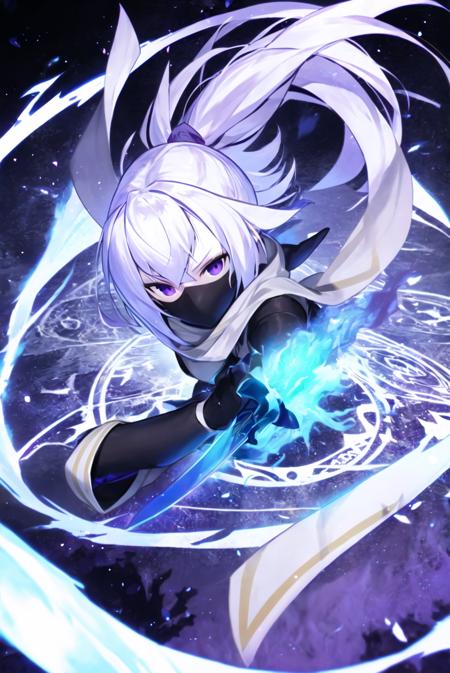 upper body, 1girl, white hair, ponytail, purple eyes, (ninja), short sword, medium breats ,scarf, wallpaper, magic circle background, light particles, blue fire,