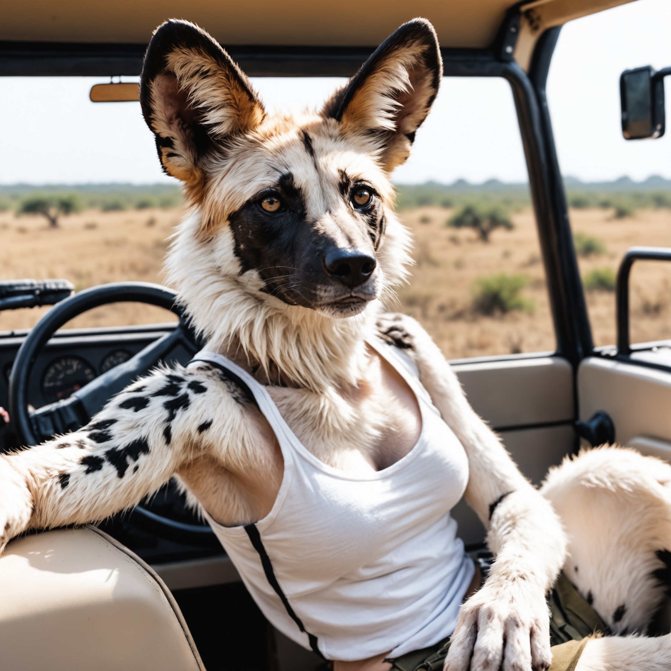 Closeup Photo of an, anthro ,furry ,African wild dog, female, medium breast, white tank top, realistic full body fur, sitt...