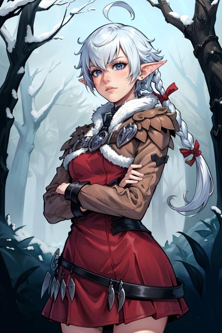 masterpiece, best quality, 1girl, alisaie, single braid, hair ribbon, brown jacket, red dress, fur trim, belt, cowboy shot, looking down, neutral expression, bored, crossed arms, winter, forest <lora:alisaie-nvwls-v1-000012:0.9>