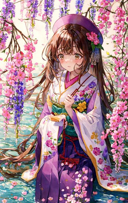 1girl, bangs, blush, branch, brown_eyes, brown_hair, camellia, cherry_blossoms, daisy, eyebrows_visible_through_hair, floating_hair, floral_background, floral_print, flower, flower_\(symbol\), frills, hair_flower, hair_ornament, hakama, hakama_skirt, hanami, hat_flower, holding_flower, hydrangea, in_tree, japanese_clothes, kimono, lily_\(flower\), lily_pad, long_hair, long_sleeves, looking_at_viewer, lotus, marker_\(medium\), outdoors, painting_\(medium\), petals, pink_flower, pink_hair, pink_theme, plum_blossoms, purple_flower, ribbon, sakura_miku, sitting_in_tree, skirt, solo, spring_\(season\), standing, tears, traditional_media, tree, very_long_hair, watercolor_\(medium\), white_flower, wide_sleeves, wisteria <lora:style_YZL:1>