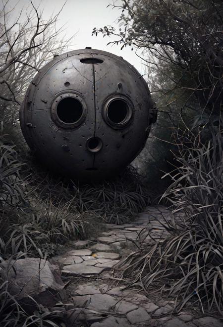 Pencil shading, (Horror scene:1.3), Hidden machine eyes, Dark rocks, Creepy atmosphere, (Round machine eyes:1.2), Shadowy bushes, Abandoned location, Mysterious setting, (Enigmatic presence:1.2), Detailed pencil shading, Suspenseful mood.