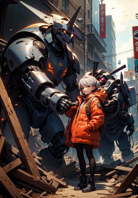 winter, japanese anime style, armored-core, slender black robot, 10 ft, small head, collapsed building, cool tall woman, cute face gray parka, dynamic angle, cute face, millet(backpack),gray parka, cover one's face with a hood,painting titled "She stands at the feet of the robot.", rough sketch, silver hair, dark skin,bright Golden eye, cinematic lighting, whole body, plant coverd rubble, flower, plant coverd ruin in Osaka, post-apocalypse, 1woman, smooth hair, red parka, black Stockings, depth of fieldmasterpiece,high quality,8k,16k,(((ARMORED CORE)))Rugged (Masquerade: 1.2),(dirt aging mecha: 1.4),(Rifle: 1.1),(flight, aero run: 1.4),(Discharge: 1.2),(glow purple: 1.3),(Explosion: 1.1),(Rapid: 1.2),(top: 1.6),,(Demonic Appearance: 1.6),(black armor: 1.6),((smart body shape))