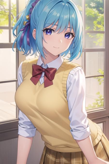 kurumukurono, <lora:kurumu kurono s2-lora-nochekaiser:1>,
kurumu kurono, short hair, blue hair, (purple eyes:1.1), ponytail, ribbon, hair ribbon, hair ornament, smile,
BREAK shirt, white shirt, long sleeves, bow, red bow, sweater vest, yellow sweater vest, skirt, plaid skirt, green skirt, socks,
BREAK indoors, classroom,
BREAK looking at viewer, (cowboy shot:1.5),
BREAK <lyco:GoodHands-beta2:1>, (masterpiece:1.2), best quality, high resolution, unity 8k wallpaper, (illustration:0.8), (beautiful detailed eyes:1.6), extremely detailed face, perfect lighting, extremely detailed CG, (perfect hands, perfect anatomy),