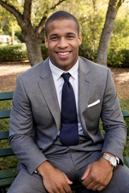 (solo), RAW Photo, photo of (light brown skin:1) African American man sc_chad3 <lora:sc_chad3-06:0.75> enjoying jazz in a serene urban park while sitting on a park bench in the fall, wearing a three-piece suit burgundy tie leaves carpet the ground, autumn hues, vintage lamppost, soft glow, ambient lighting, early evening sun, trees, folden highlight, captivating smile, reflective and sophisticated mood, (GQ magazine), (photo by Bruce Weber)