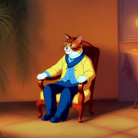 a cats head, a ((cat)) sitting in a chair, highly detailed 1900s, animated cartoon, gorgeous lighting, illuminated