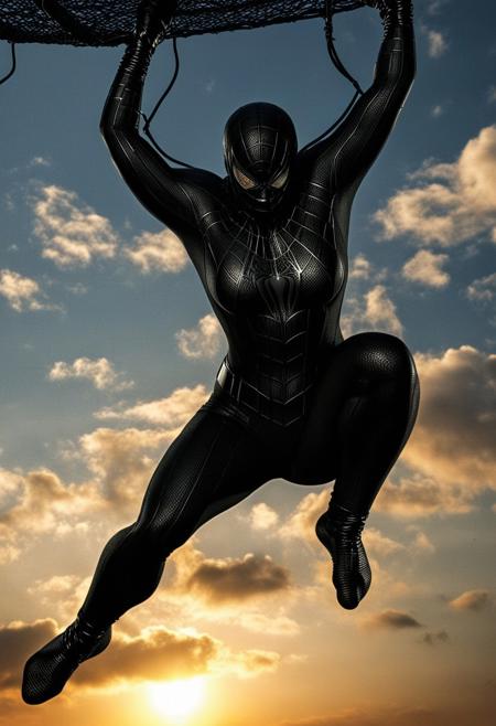 score_9, score_8_up, score_7_up, best quality, realistic, masterpiece, beautiful detail, hyperrealistic, afternoon sky, ((1girl, woman body, big breasts)), amazing detailed full body portrait of a beautiful girl, wearing a realistic and highly detailed black raimi spider-man suit , wears ultra detailed black spiderman mask, ((huge muscular girl)), (swinging on a web), suit covered entire body and hand, black spiderman gloves, (full body), (dirty skin), close up, octane render, highly detailed, volumetric, dramatic lighting, (highest quality:1.1), (HDR:1.3), (top quality, best quality), realistic, high definition,