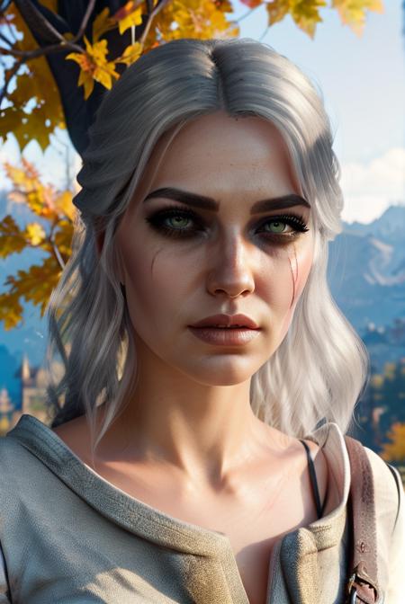 a beautifull young girl from the witcher, 1girl, solo, masterpiece, hires, extremely detailed, (realistic:1.1), (colorfull), (HD), (wallpaper), (4k), (perfect skin, sharp details, beautifull eyes, shiny hair, mascara, eyelashes, parted lips), (playmate pose), (sexy photoshooting), (cleavage), green eyes, gloves, breasts, white hair, looking at viewer, brown gloves, belt, leather gloves, leather, (white shirt), shirt, pants, scar, scar on the face, (serious:1.2), (v shaped eyebrows), (old village background:1.1), (tree), (blue sky), (sun), (extremelydetailed background) <lora:[P]-Ciri]:0.8>