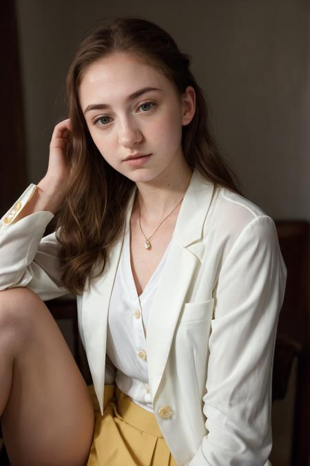 (closeup) Portrait of pretty young (18-year-old) pale milky white skin Caucasian (futurasienna5000v5) ((Crossed legs and relaxed shoulders for a confident presence.:1.07)), (flat chest:1.15), outdoor, BREAK (brunette Waterfall Braid: A cascading braid that wraps around the head like a waterfall, adding a touch of whimsy and romance.), no makeup, long dainty necklace, ((elegant, classy, (white oversized blazer) and Pale yellow button-up blouse with skirt)) , <lora:epi_noiseoffset2:1> BREAK (magazine cover:1.10), BREAK (masterpiece, extremely detailed skin, photorealistic, heavy shadow, dramatic and cinematic lighting, key light, fill light), sharp focus, BREAK location is (outdoor Vancouver, Canada),  <lora:ClothingAdjuster3:-0.4>