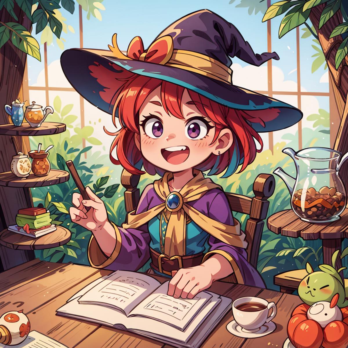 A young girl in a witch's hat holding a wand and reading a book at a table.