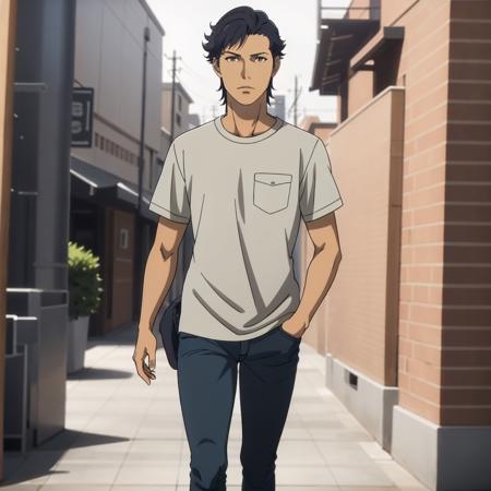 masterpiece,high quality,solo,
<lora:kennethsleg001:0.7>,
kennethsleg,1man,
short hair,black hair,brown eyes,
shirt,jeans,walking,town,