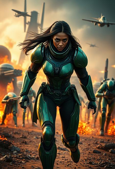 In a sci-fi movie, a (((dark skin))) female warrior with (((hair extensions))), strides across a fiery battlefield, her powerful armor glimmering in shades of green (((camouflage))) The sleek curves of her metallic suit seamlessly blend with her movements as she swiftly dodges enemy fire and charges into the fray. The futuristic setting of towering machines and flying spacecrafts adds to the intensity of the scene, but the focus remains on the woman as she fearlessly leads her troops towards victory. Her determined expression and commanding presence showcase her heroic character, while her camo armor symbolizes her strength and loyalty to her cause. The art style is a blend of realism and stylized elements, creating an immersive and visually stunning world.