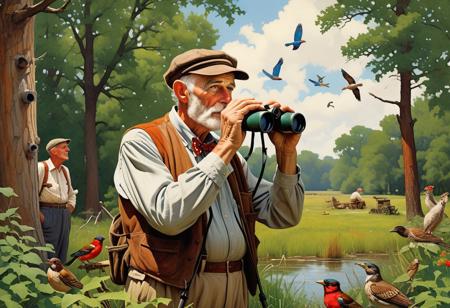Create a scene of an old man in the 1930s, (birdwatching:1.2) in a serene forest or prairie. Highlight his (gentle:1.3) expression, (binoculars:1.2) in hand, and (vintage:1.1) clothing. Surround him with (lush:1.2) greenery, (colorful:1.1) birds, and a (peaceful:1.1) atmosphere. Inspired by the works of (Norman Rockwell:1.4)