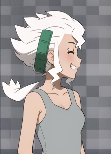 <lora:Burnet:0.7> Burnet, 1girl, solo, long hair, smile, 1boy, collarbone, closed eyes, upper body, ponytail, male focus, teeth, sleeveless, grin, bare arms, profile, tank top, grey shirt, checkered background