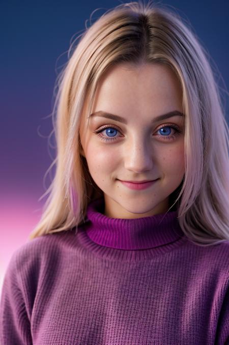 award-winning, professional headshot photo of beautiful ev4nn4lynch beaming smile, skin pores, with sparkly (blue eyes), (freckles:0.6), BREAK, wearing a (magenta sweater:1.35), looking at viewer, a woman as a movie star, (simple background:1.4), dark moody ambiance, (masterpiece:1.2) (photorealistic:1.2) (bokeh) (best quality) (detailed skin:1.2) (intricate details) (nighttime) (8k) (HDR) (cinematic lighting) (sharp focus), (looking at the camera:1.1), (closeup portrait:1.1), hyperrealistic photography, photographed on a Sony a9 II Mirrorless Camera, 50mm prime lens, F/1.4, (highly detailed), cinestill 800, 8mm film grain, dynamic angle,