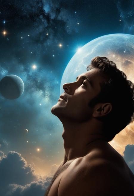 A short time until someone turns off the lights. Friends, 
where do you plan to go? Frank Frazetta style, 
close-up, 
etching, 
man, 
sky full of stars and celestial bodies, 
hdr image, 
fantasy, 
deep madness, 
space nebula, 
golden ratio composition, 
8k quality photorealistic concept art, 
in a mysterious aura