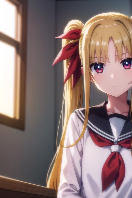 fatetestarossa, <lora:fate testarossa movie2-lora-nochekaiser:1>,
fate testarossa, long hair, blonde hair, (red eyes:1.3), twintails, hair ribbon,
BREAK long sleeves, school uniform, serafuku, shirt, white shirt, white sailor collar,
BREAK indoors, classroom,
BREAK looking at viewer, (cowboy shot:1.5),
BREAK <lyco:GoodHands-beta2:1>, (masterpiece:1.2), best quality, high resolution, unity 8k wallpaper, (illustration:0.8), (beautiful detailed eyes:1.6), extremely detailed face, perfect lighting, extremely detailed CG, (perfect hands, perfect anatomy),