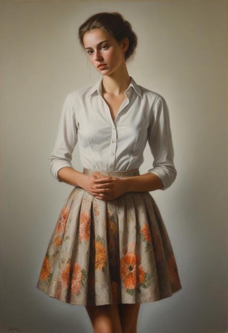 Paul Kelley -inspired work capturing an ethereal beauty GIRL WITH FLOWERED SKIRT in a brothel scene, eyes locked with viewer, delicate retouches infusing elegance, shadow depth, oil on canvas texture, historical meets contemporary aesthetics, dramatic lighting. Photographic quality, HDR, RAW, ultra fine. Portrait of a girl, very beautiful girl, full body, a painting of a woman Charming pencil sketches by Albert Eckhout, in full color In this fascinating acrylic painting you can see a charming woman. The dress is very elegant and very well made. This stunning image captures the viewer's attention with its vibrant tones and dreamlike atmosphere. The expertly crafted brush strokes and intricate details show the artist's skill, making the image truly captivating. Through vivid colors and meticulous execution, the painting showcases the artist's ability to create a stunning and visually striking depiction.