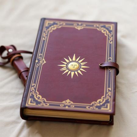 Brown medieval book with gold, grey background, cover, sun emblem, laying on a table, leather strap bind