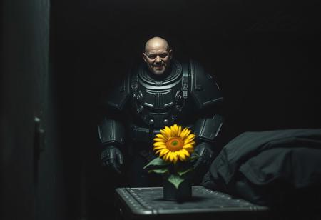 in the grim darkness of the far future there is only war.
but one single UltraM40k man stands in his small dark room and waters his tiny Sunflower on the metal table next to his black bedroll. cold dimm light illuminates the trist room and his grim but somehow happy look. his power armor is clean and shows every detail and every crack and bullet hole from the fights he has barely won. sharp shadows empowering the contrast of the low angle shot,. Shot with a full-frame DSLR, 85mm lens at f/1.8 for shallow depth of field, ISO 400, 1/100 shutter speed. Cold dimm light enhanced with slight post-processing contrast boost and neutral tone grading. balancing sci-fi horror with dark fantasy. dark gothic warhammer30k theme.