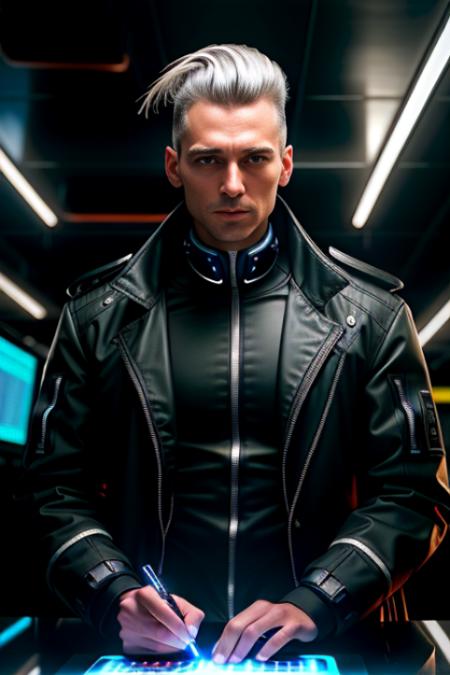 A photo of a stoic cyberpunk hacker male, with slicked-back silver hair and cybernetic enhancements visible on his face. He wears a black trench coat adorned with glowing circuit patterns. The backdrop is a dimly lit, high-tech control room, filled with screens displaying intricate codes and data streams. The atmosphere is filled with an air of mystery and intrigue. The camera is positioned at a medium distance, capturing his focused expression as he works his digital magic.
<lora:CyberPunk4:0.4>