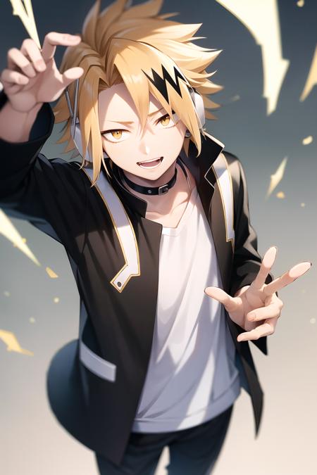 kaminari denki\(boku no hero academia\), 1boy, solo, from above, looking at viewer, male focus, bangs, short hair, blonde hair, multicolored hair, spiked hair, yellow eyes, smile, headphones, antenna, choker, long sleeves, white shirt, open clothes, day, open jacket, black jacket, black pants, peace fingers, electricity