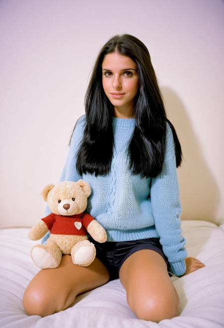 Bianc4Fr3ir3, Bianca Freire, <lora:Bianc4Fr3ir3-sdxl:1>, 1girl, sweater, solo, stuffed toy, shorts, stuffed animal, long hair, realistic, teddy bear, black hair, looking at viewer, bokeh, focus, film, velvia, artistic, best quality, photograph, focus