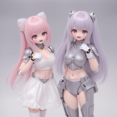 2girls mecha musume, magical cyborg girl, variety of hairstyle, cyber armor, (mechanical ball joint doll:1.1), thighhighs, gloves, bare navel, variety of height, age difference, light smile, open mouth, simple background, eroge HCG package illustration,