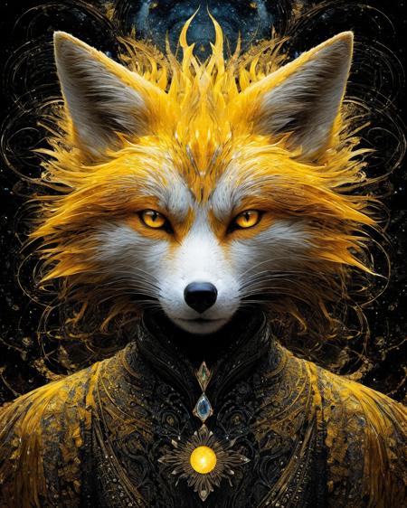 romantic style Digital art, by style IrinaKapi, Scott Bergey, Schim Schimmel, Tim Burton, Trey Ratcliff, Klaus Herrmann, Serge Ramelli, Carne Griffiths, Wayne Barlowe,  yellow-black image a nine-tailed fox man in human form, ART deco, beauty, incredible, nebula,ultra-detailed composition, semantic connections, curls, patterns, fire, floating objects, incredible landscape, unearthly view, starlight, sharp focus, abstraction, magic, emotional, dramatic, nature-focused, extremely detailed, detailed texture,  realism pushed to extreme, fine texture, detailed texture:1.5, incredibly life like, <lora:add-detail-xl:2>
